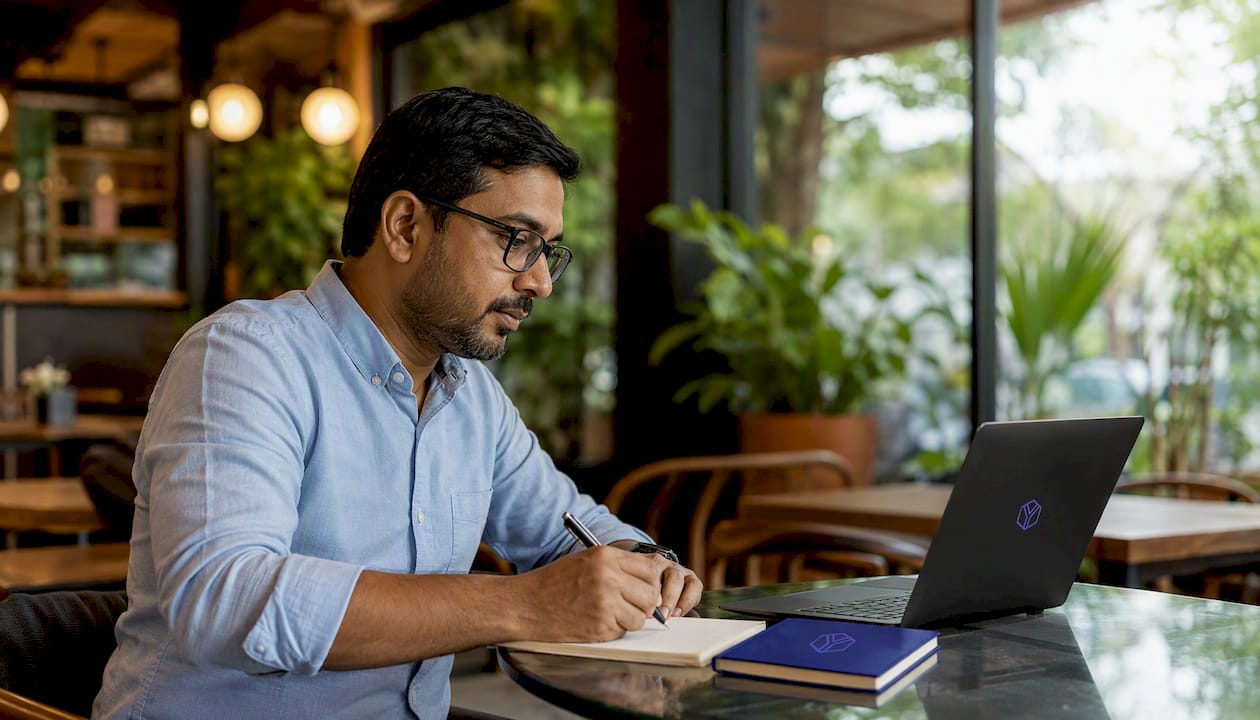 Man using investor CRM at office desk