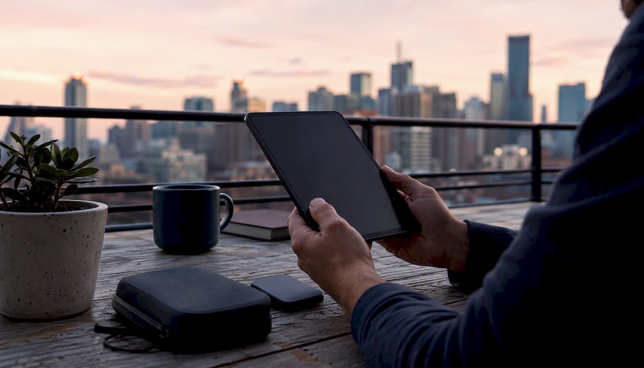 Hands holding device with off screen in tech workspace