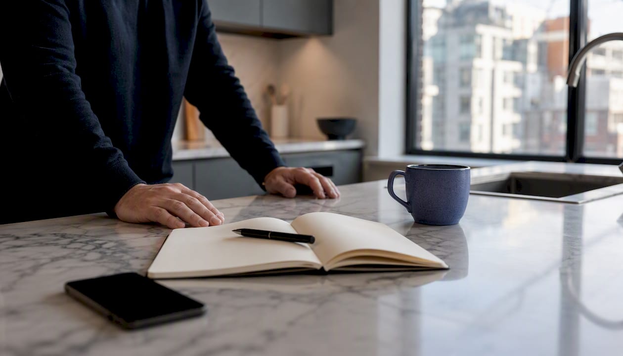 Founder hands poised above dark smartphone on desk