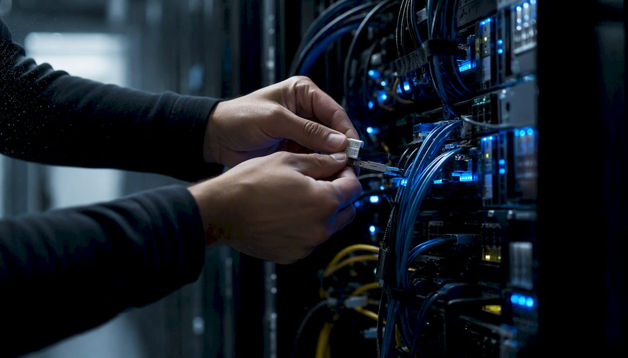 Technician connecting data cables securely