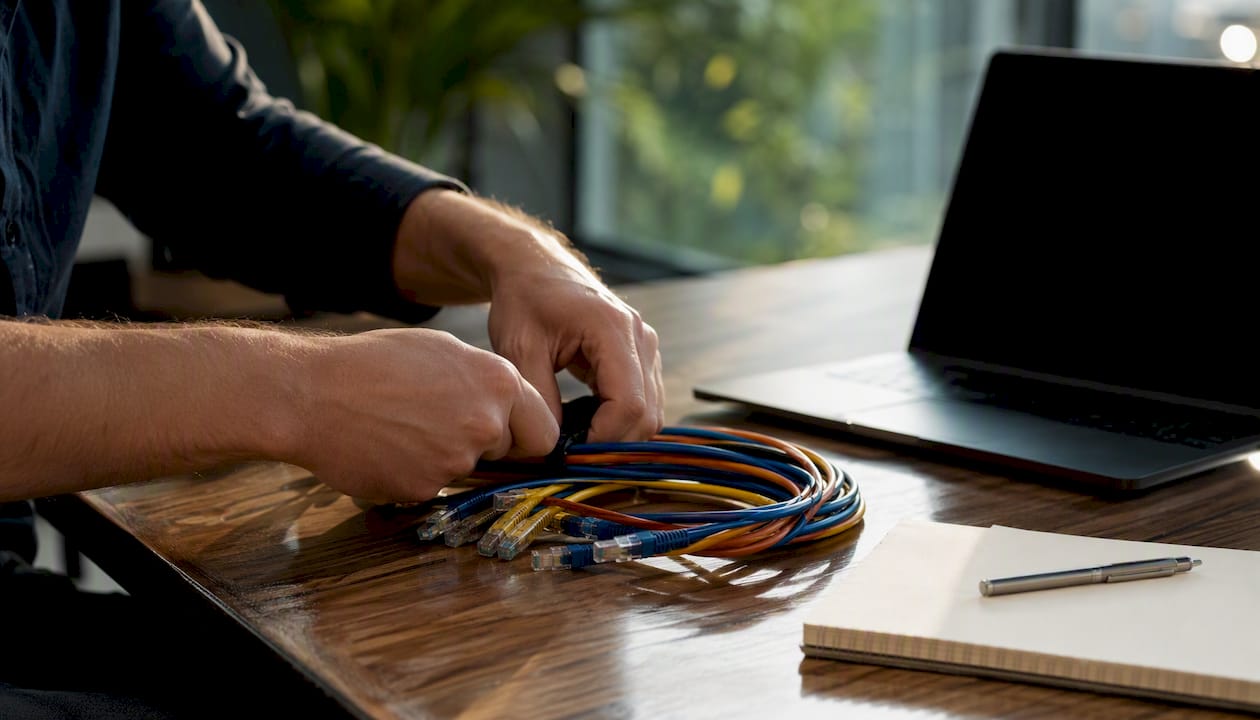 Hands connecting network cables at tech workspace