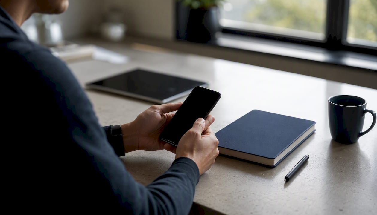 Hands holding phone with dark screen at desk