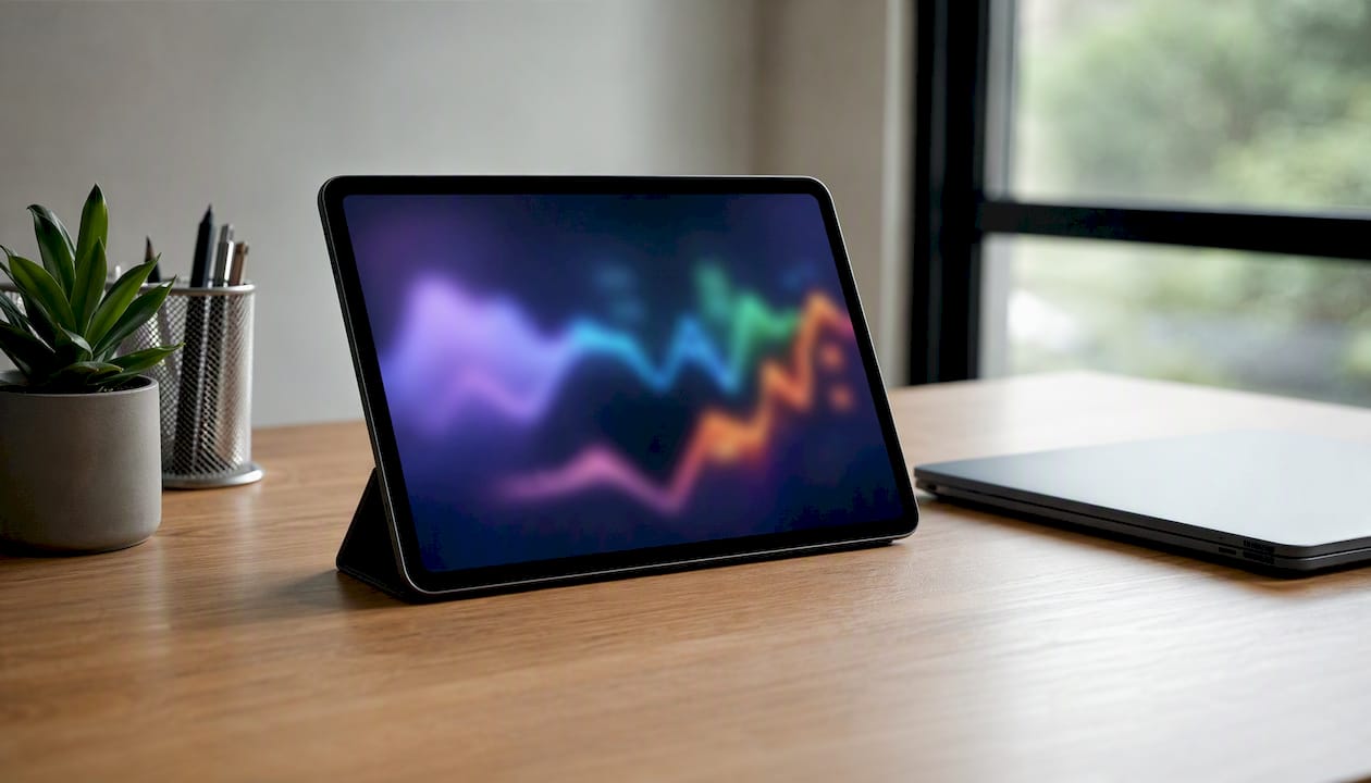 Analytics visualization on tablet with dark laptop nearby