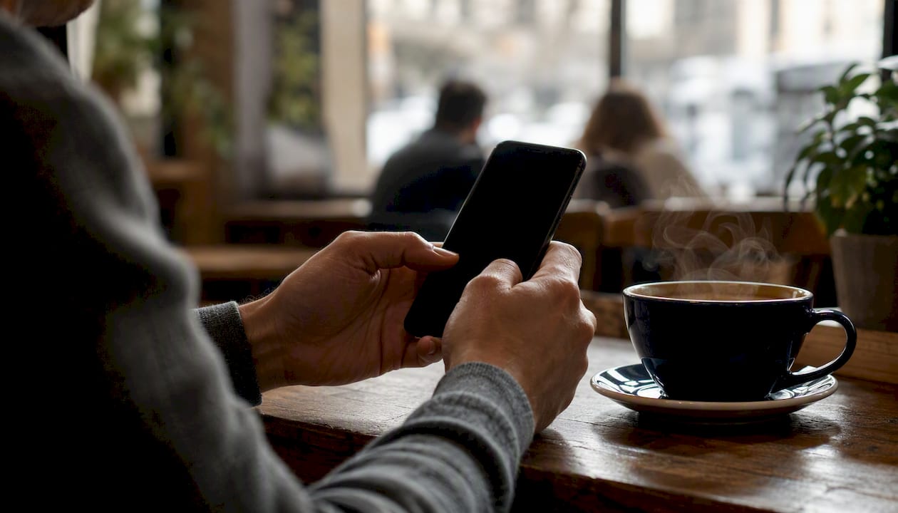 Founder holding smartphone awaiting pitch feedback