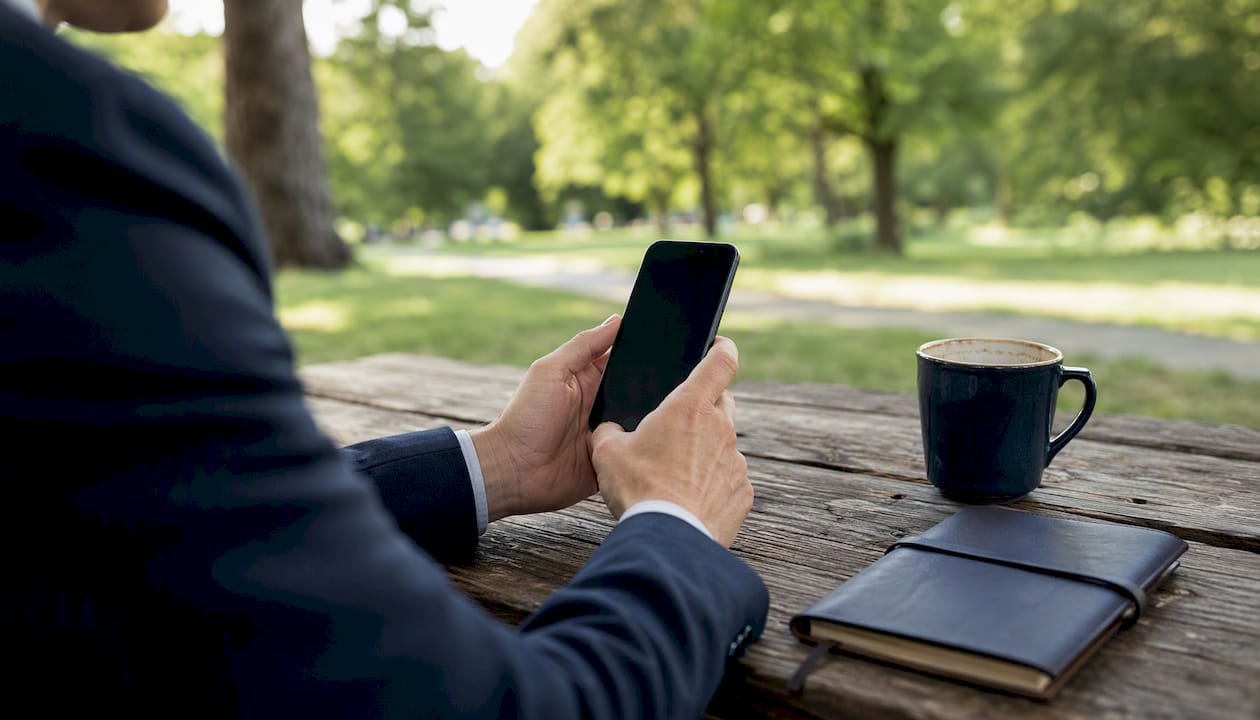 Manager hands holding smartphone over desk