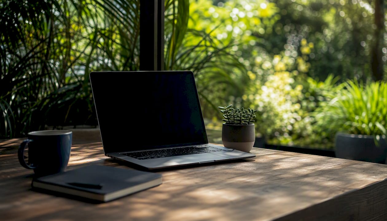 Workspace with dark laptop and charger detail