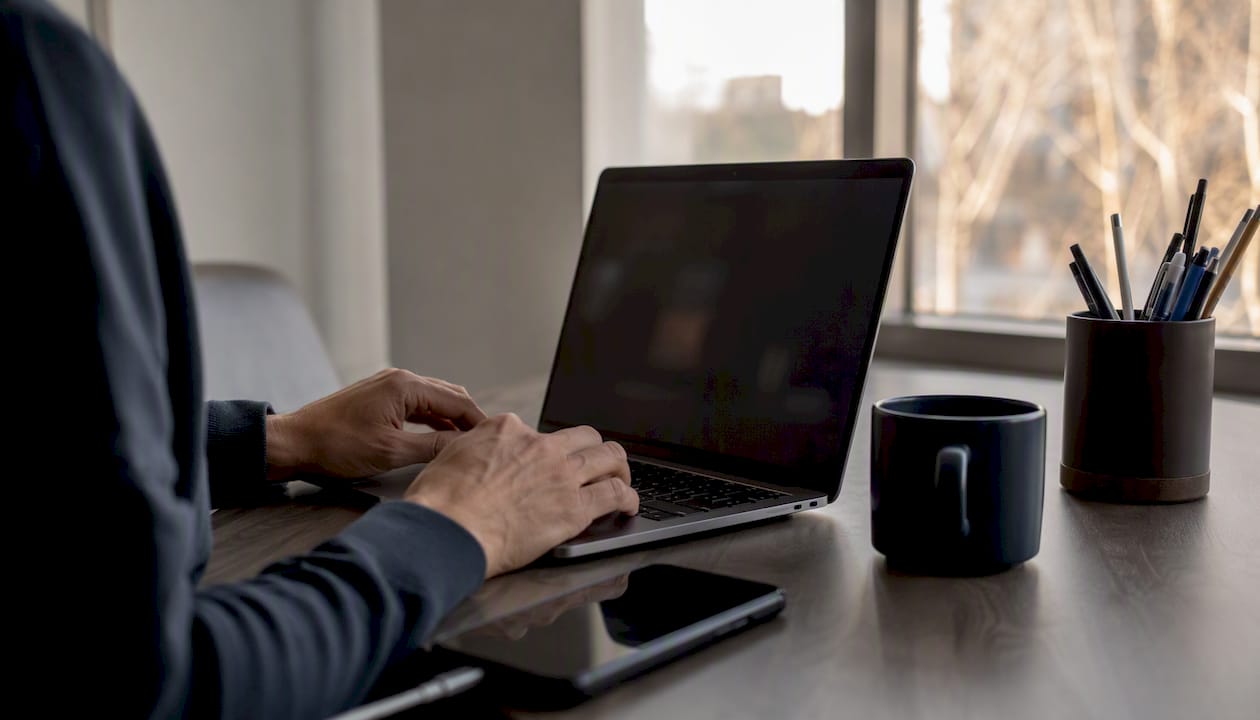 Founder interacting with laptop and phone in workspace