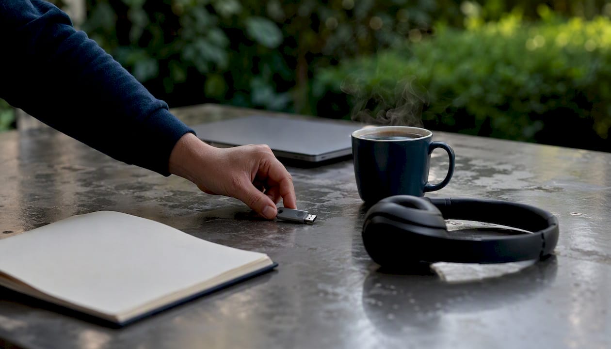 Workspace with hand placing security key on table