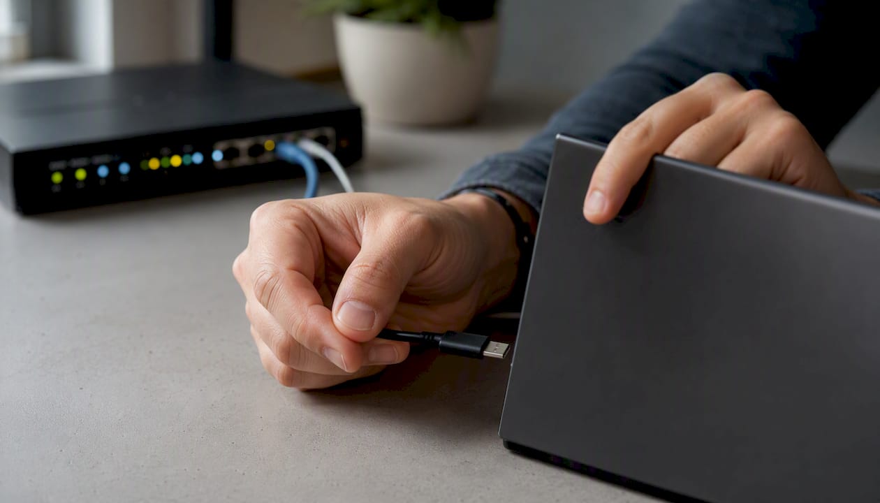 Hands connecting cable to device on office desk