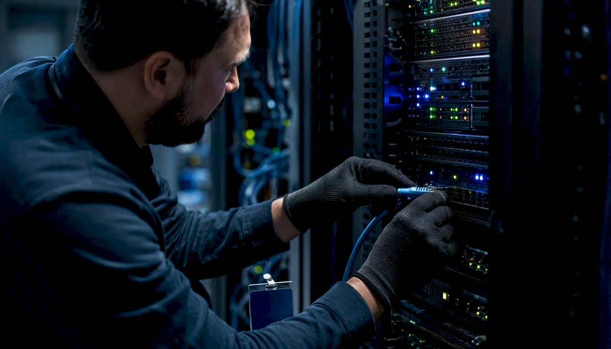 Hands plugging network cable into switch in server room