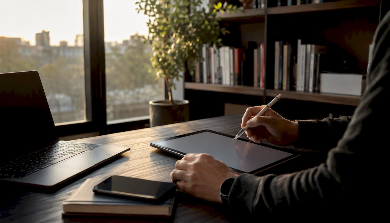 Workspace with hand holding stylus over tablet