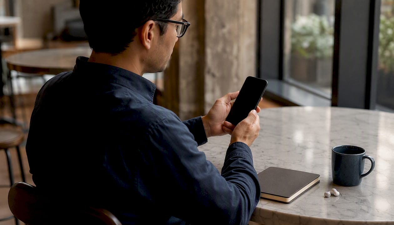 Manager holding phone with dark screen for AI update
