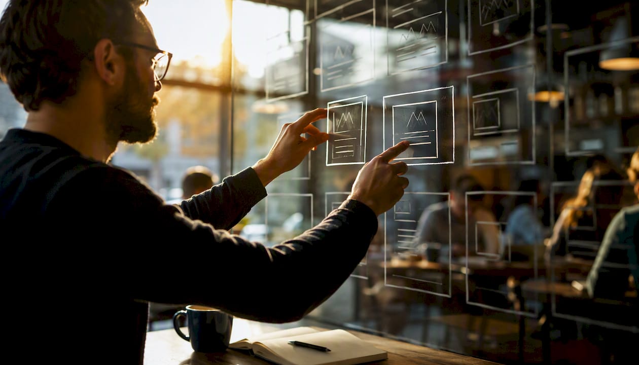 Founder adjusting pitch deck slides on glass board