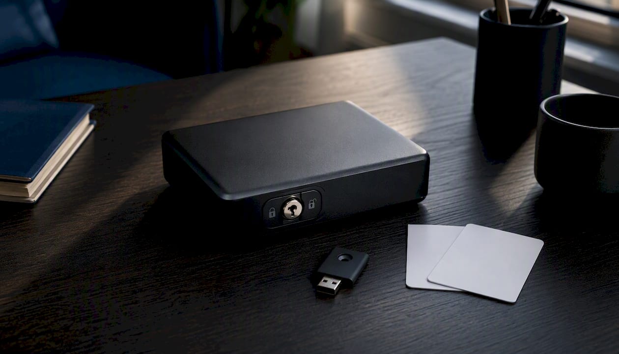 Secure external data device with lock and access cards