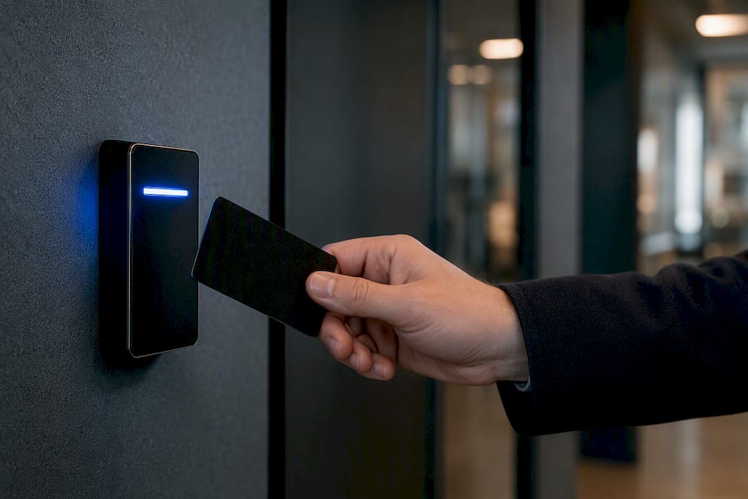 Hand holding security badge to reader