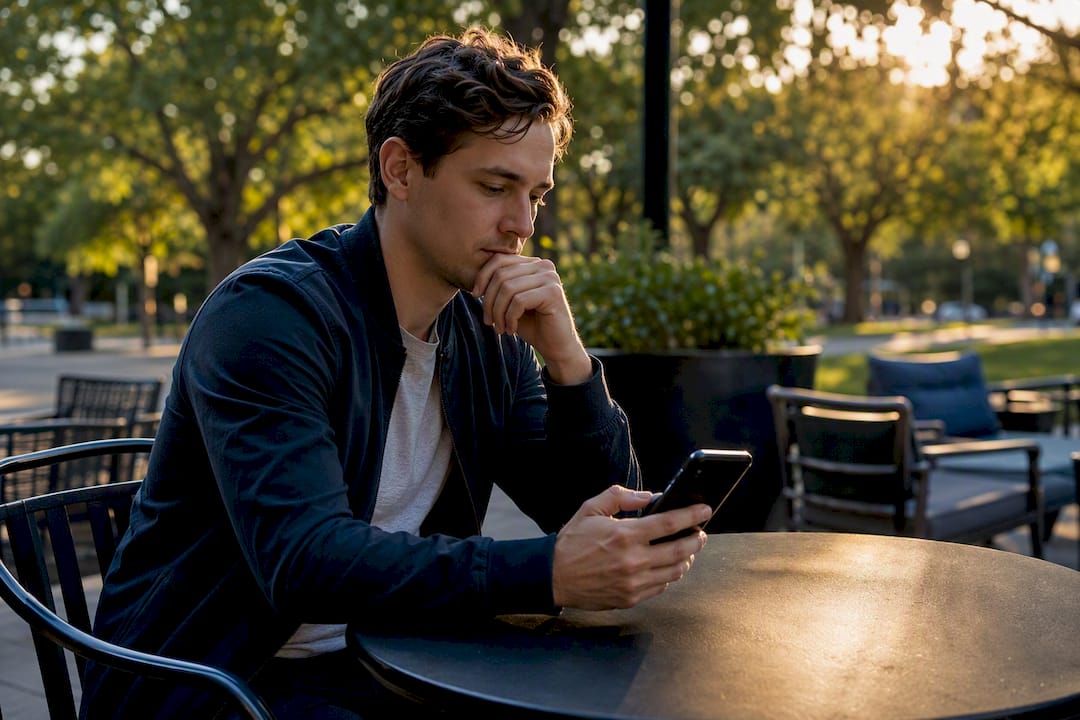 Hand holding phone with screen off on desk