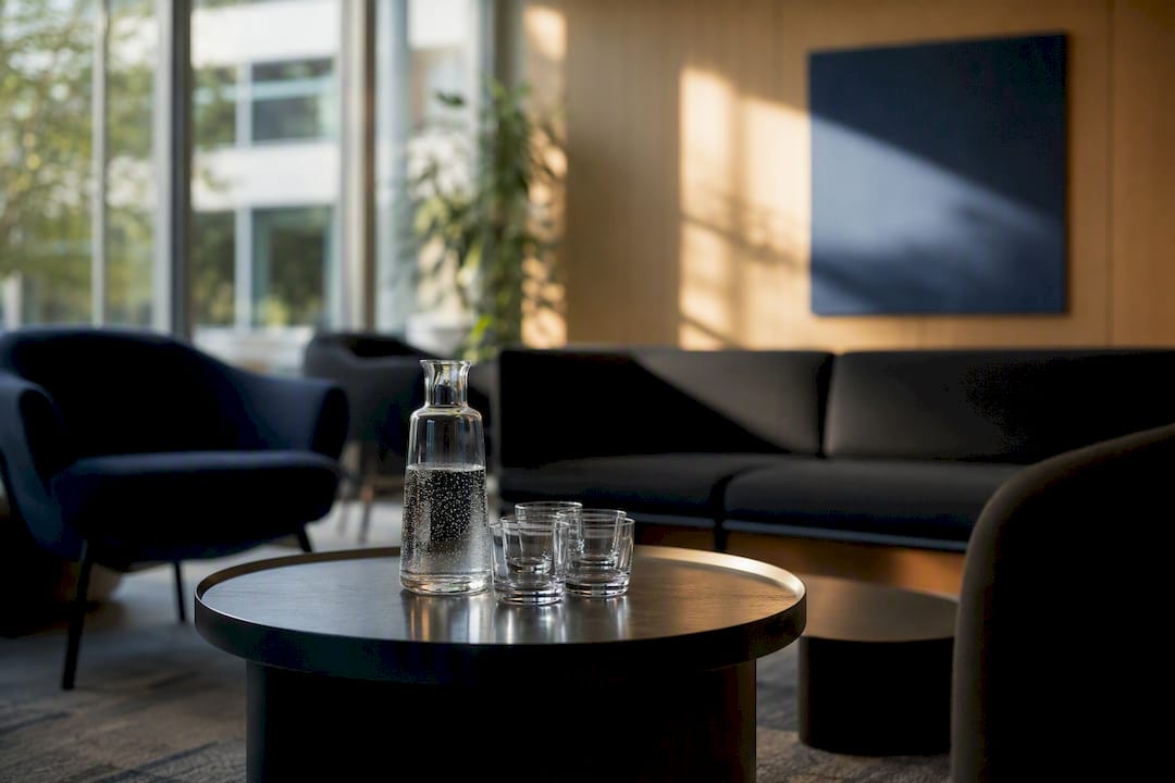 Glass carafe and glasses on meeting table