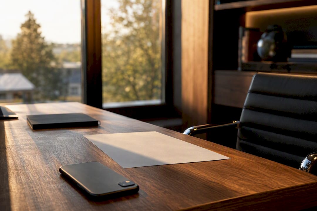 Executive desk with smartphone and notebook