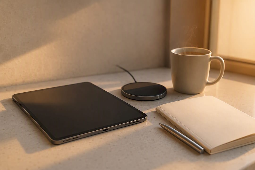 Smartphone with charging pad on tidy desk