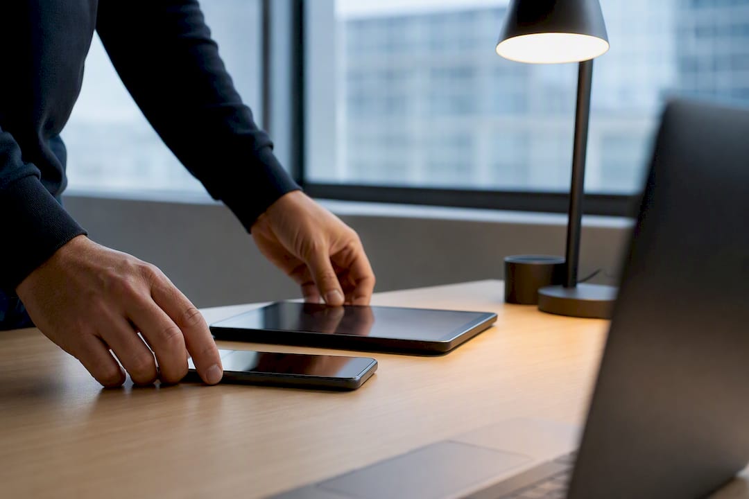 Founder hands arranging workspace with mobile phone off