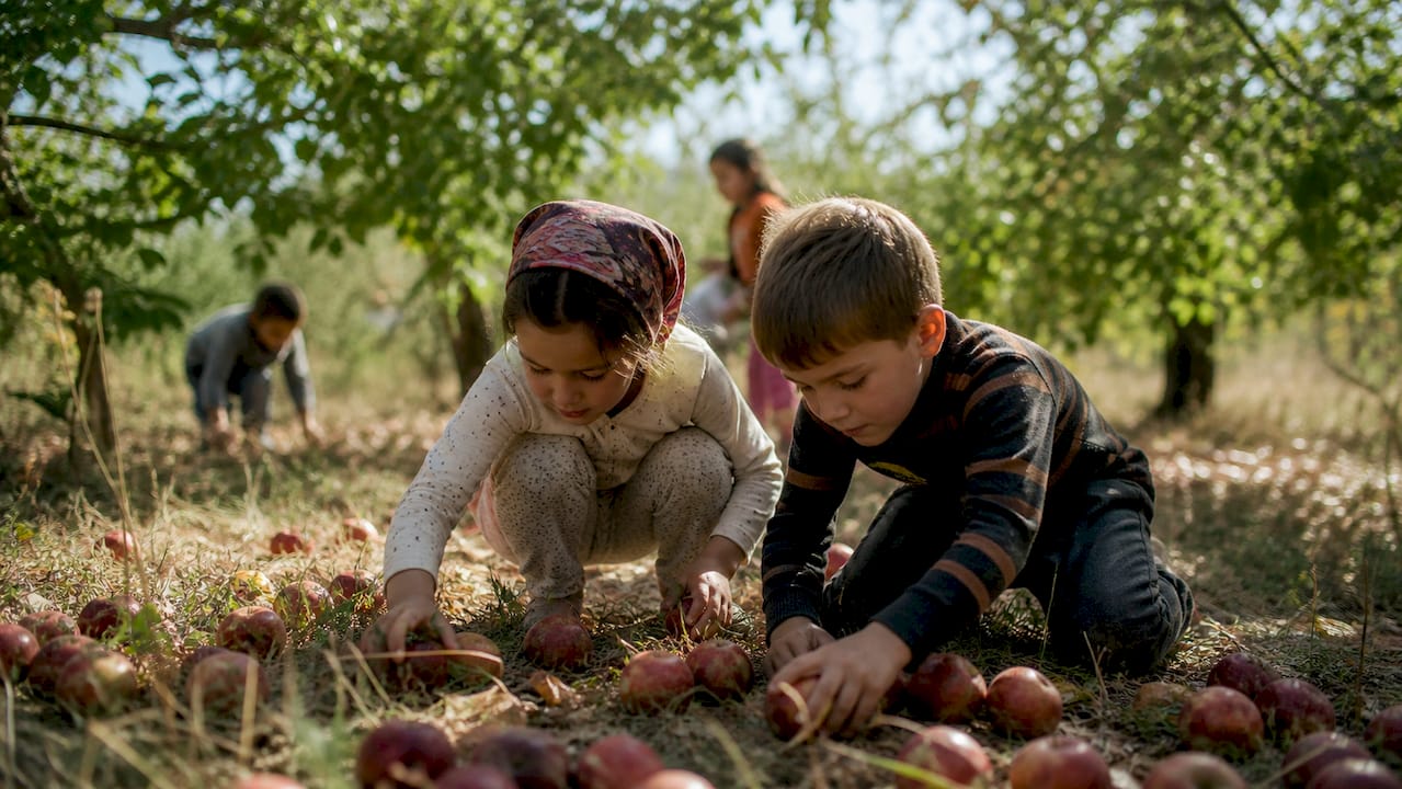 Children picking leftover apples in orchard