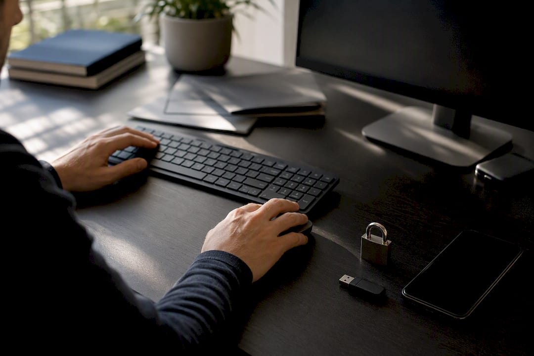 Hands at keyboard with security key on desk