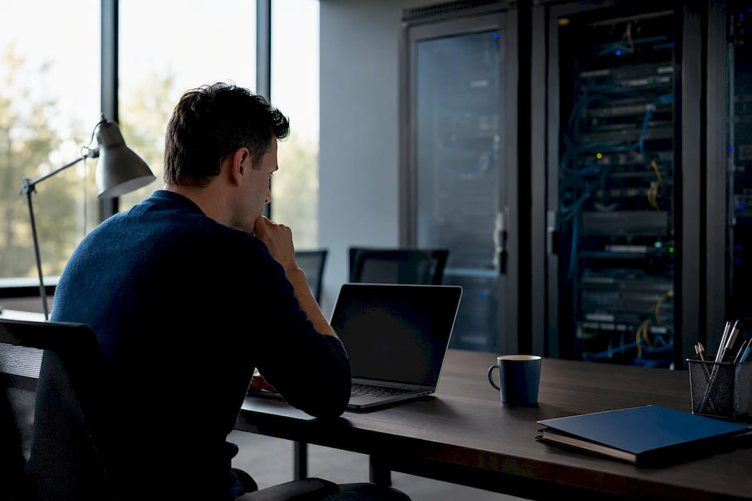 Enterprise network hardware silhouette in workspace