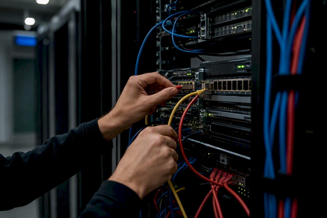 Hands connecting data cables in server rack