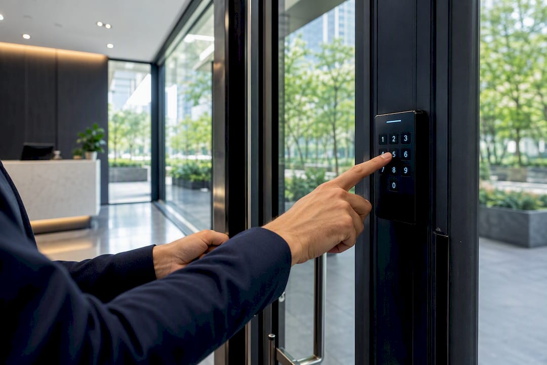 Hands operating security keypad on office door