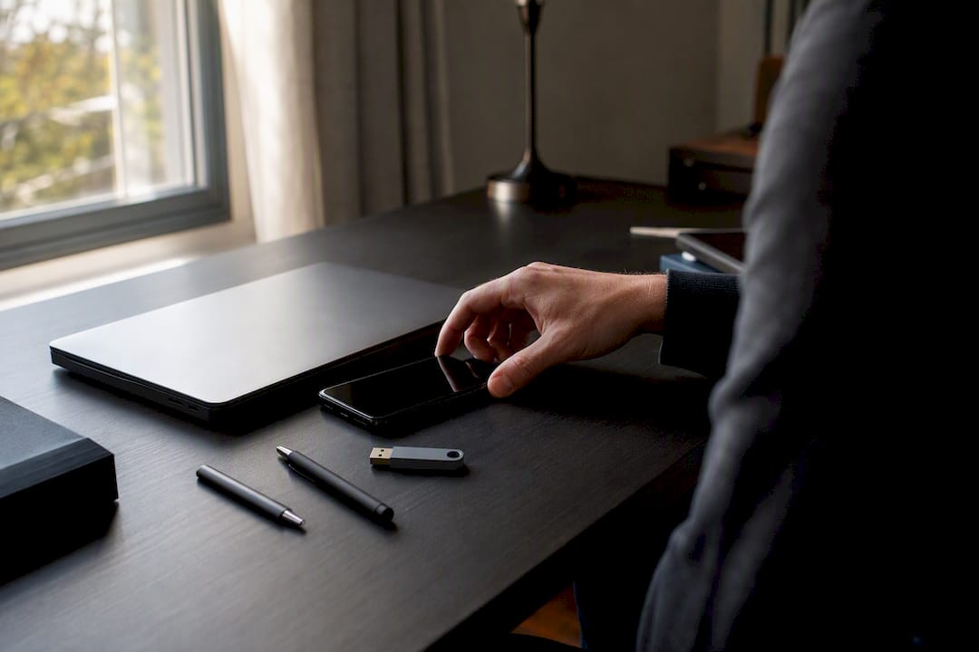Close-up of hand with security key on desk