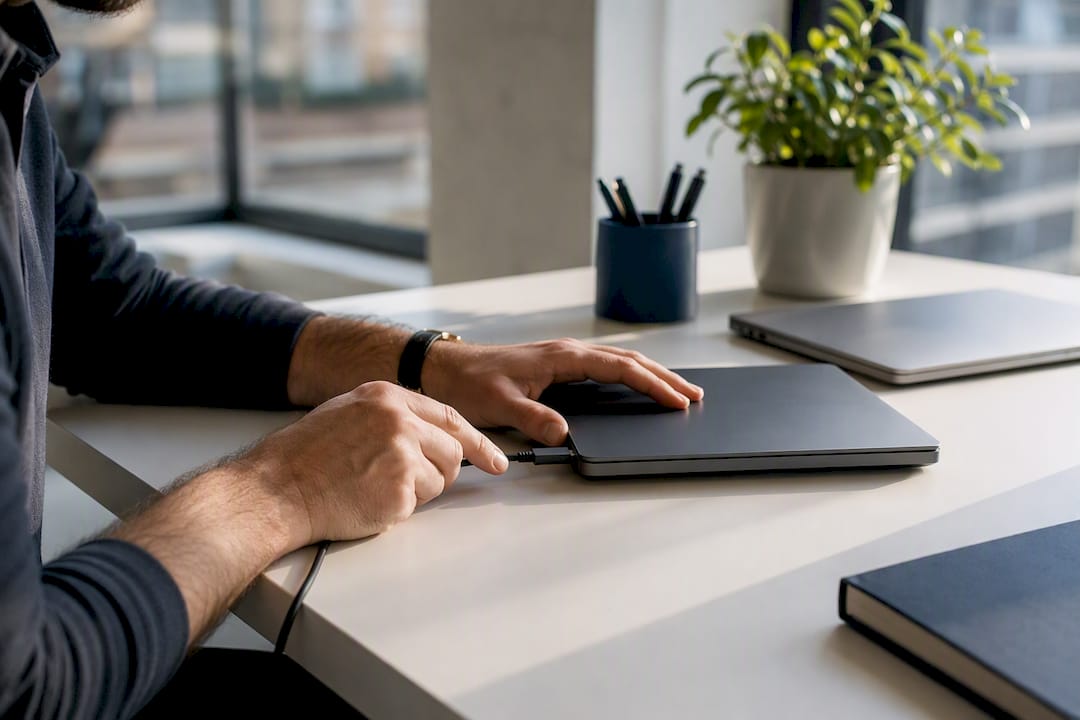 Hands connecting tech devices in workspace