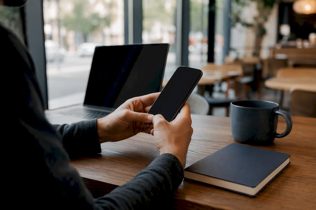 Hands holding phone at workspace