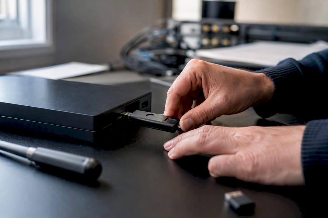 Hands connecting a secure data device in tech workspace