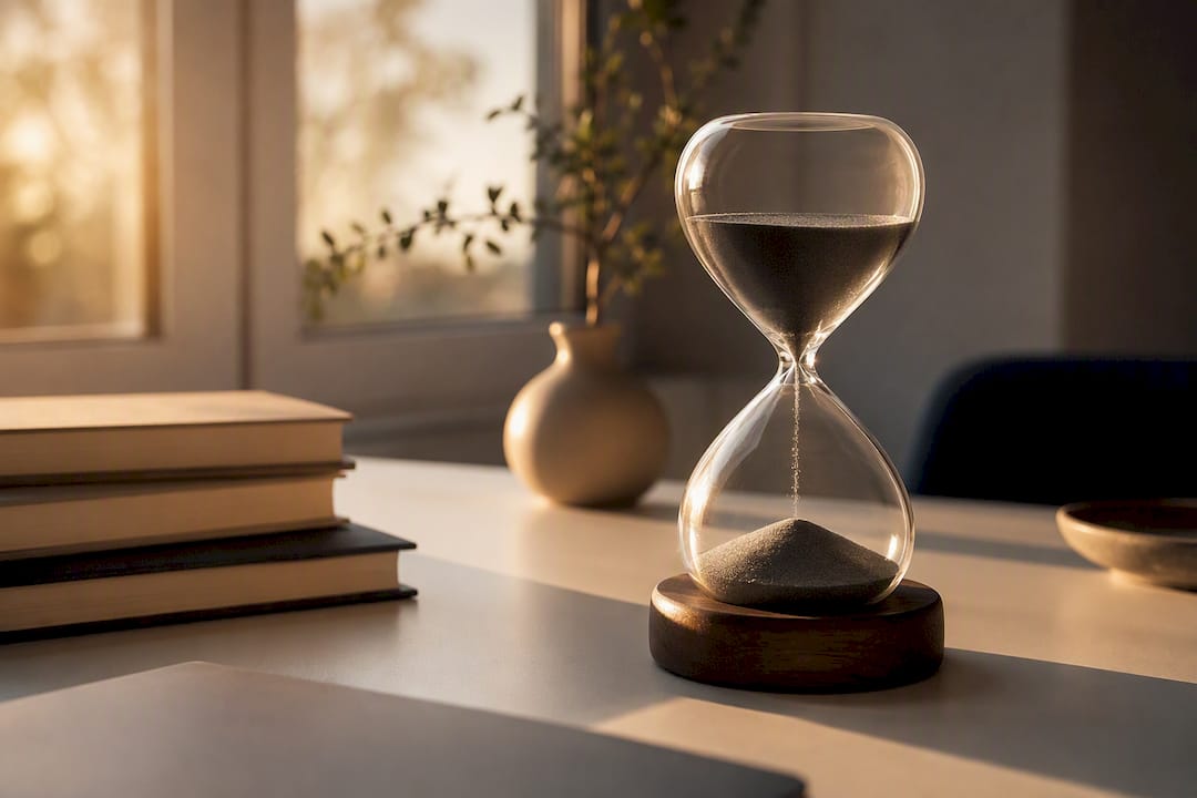 Analog timer on clean desk symbolizing tracking time