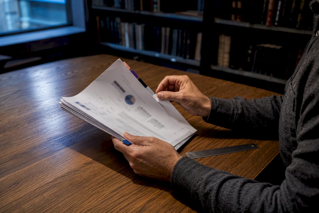 Founder reviewing tabbed pitch deck appendix pages