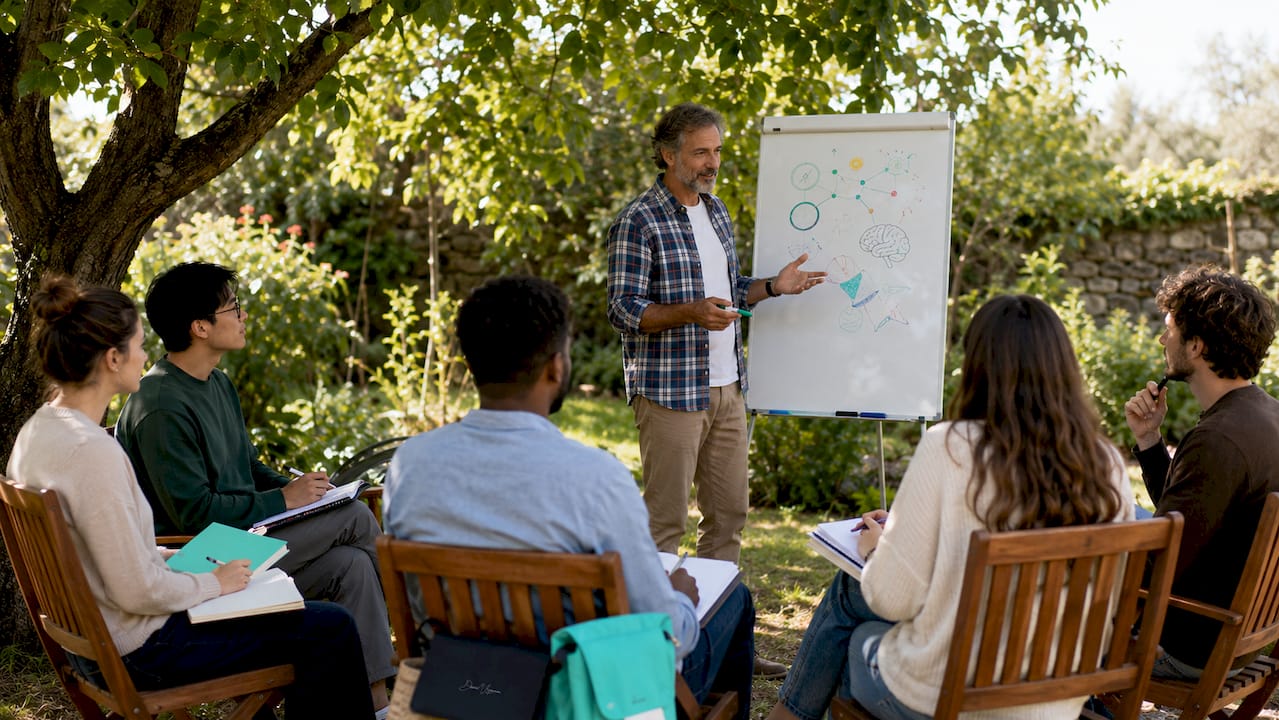 Salle de formation en thérapie animée par un formateur entouré de ses stagiaires.