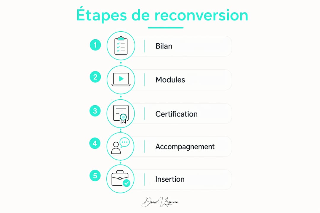 Découvrez en image les différentes étapes pour réussir votre reconversion professionnelle à distance.