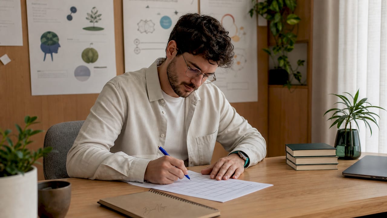 Des mains en train de remplir une grille d’évaluation sur papier