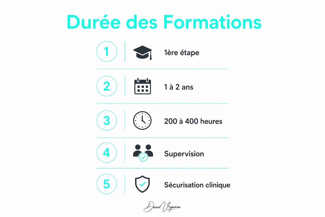 Découvrez, en un clin d'œil, les différentes étapes et la durée des parcours de formation en thérapie grâce à notre infographie.
