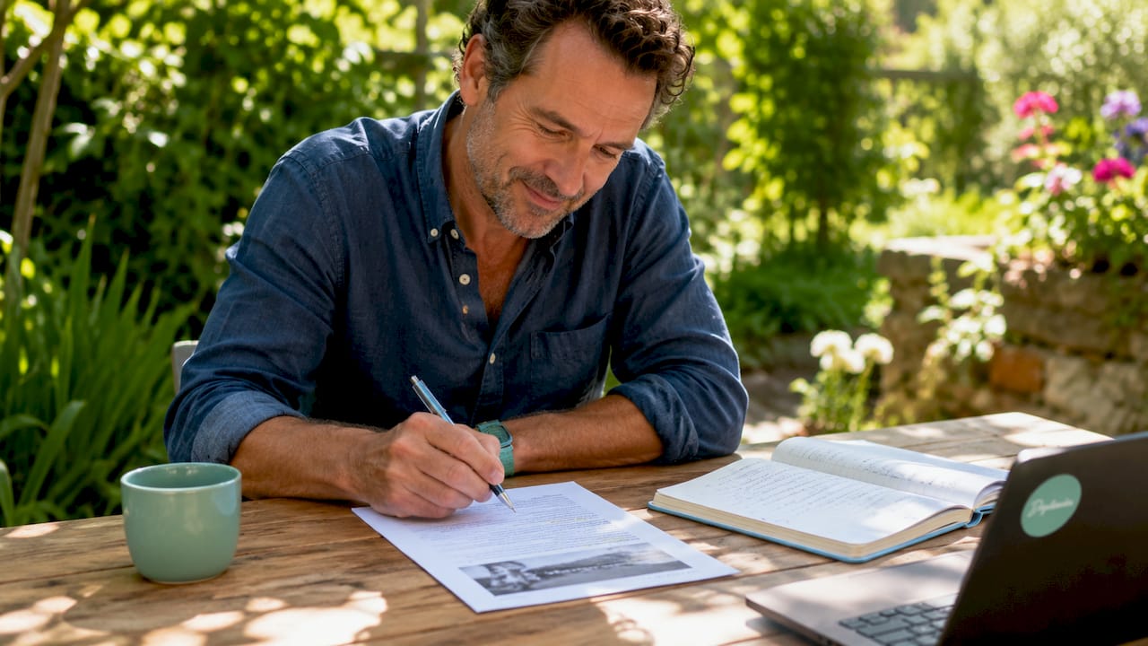 Des mains prennent des notes sur les critères d’une formation en hypnose, annotant attentivement le document.