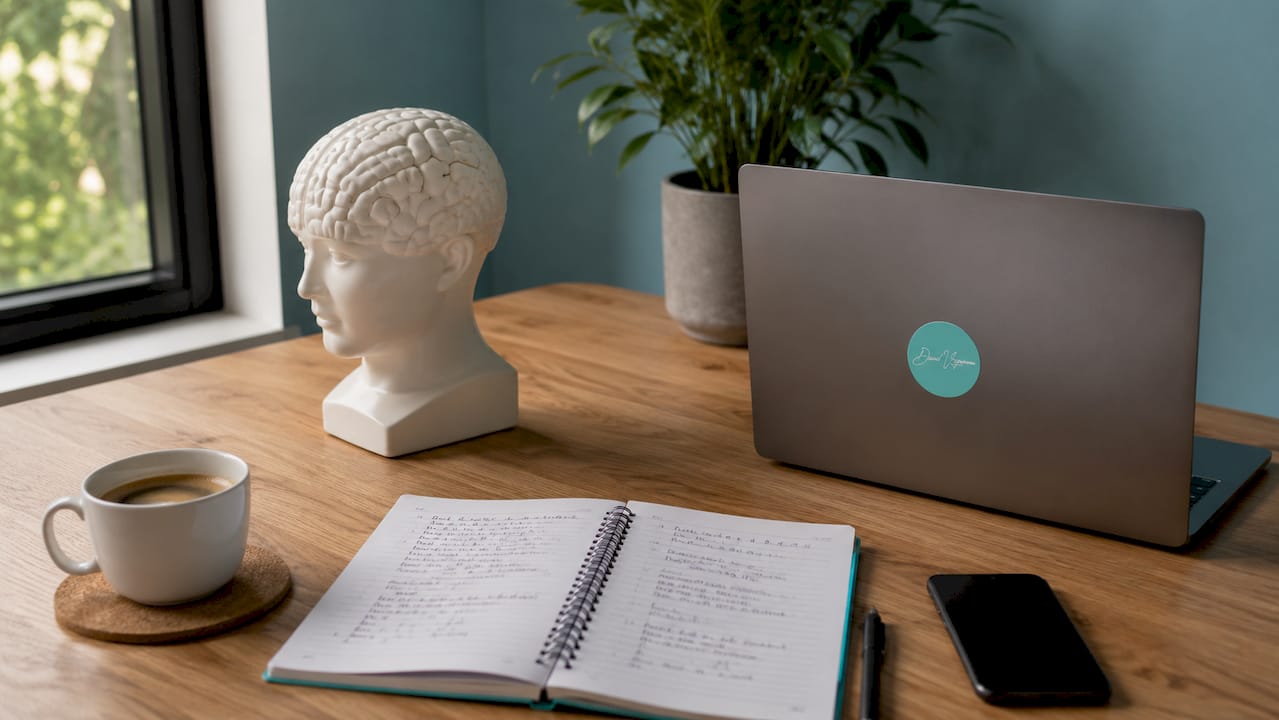 Cabinet de psychothérapie avec une maquette du cerveau sur le bureau