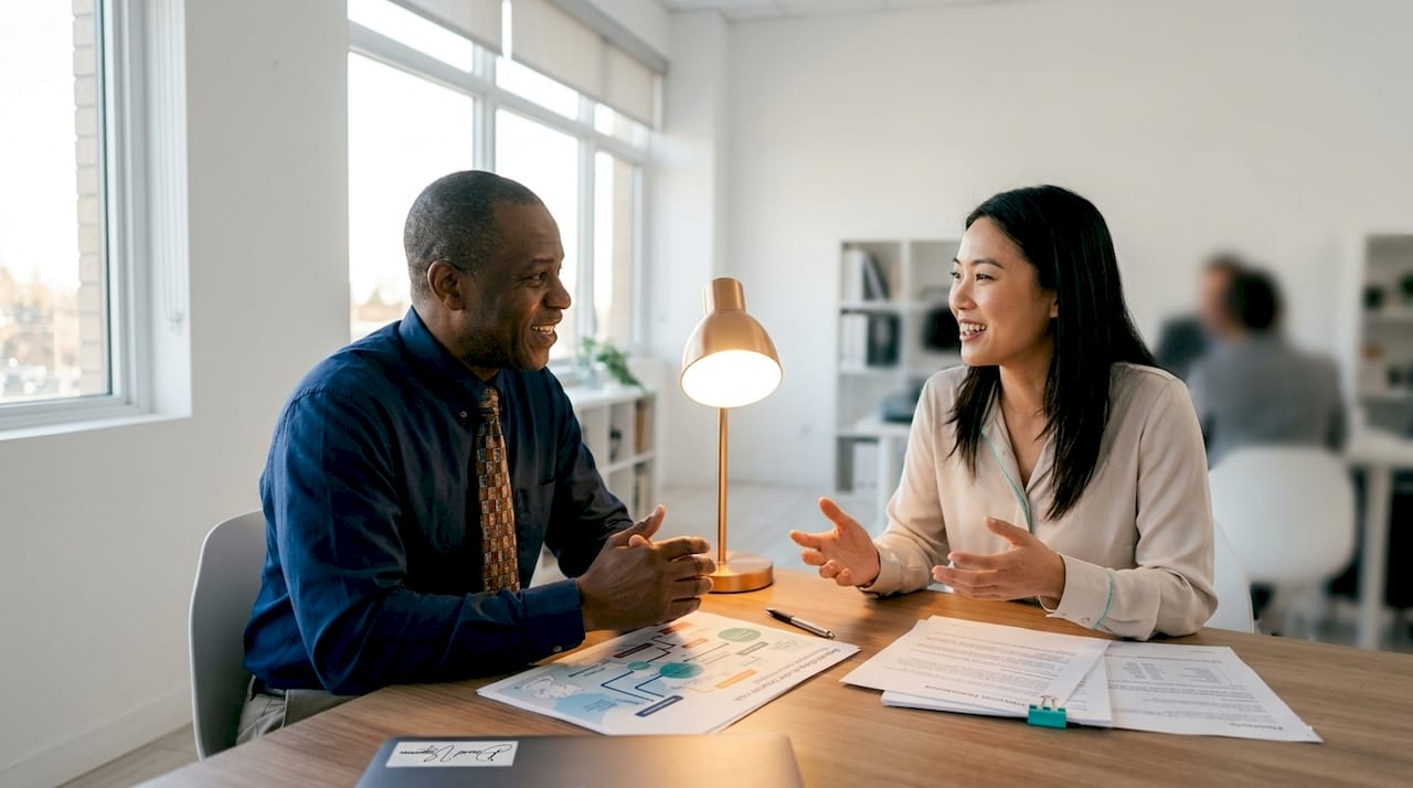 Un conseiller échange avec une soignante au sujet des possibilités de financement pour sa formation.