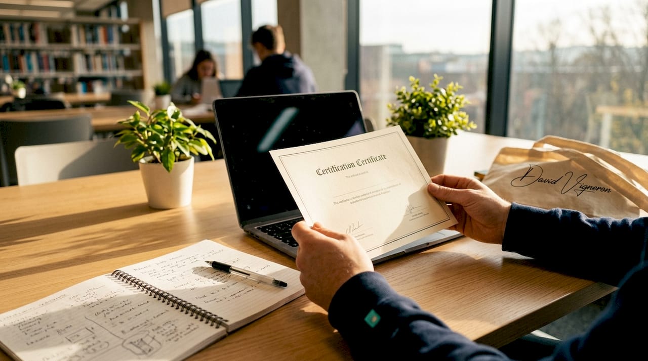 Zoom sur des mains présentant fièrement un diplôme de certification