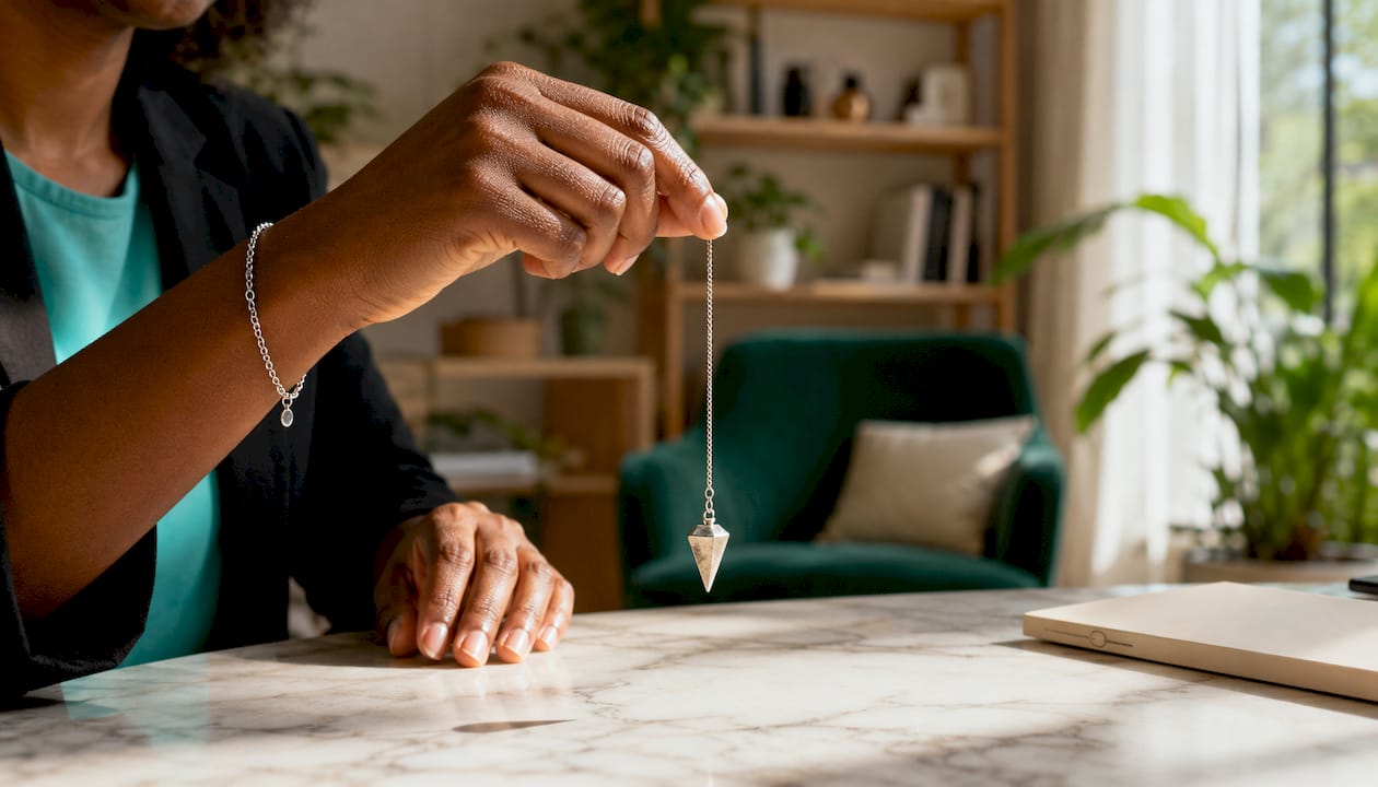 Les mains tenant un pendule pour pratiquer une induction hypnotique