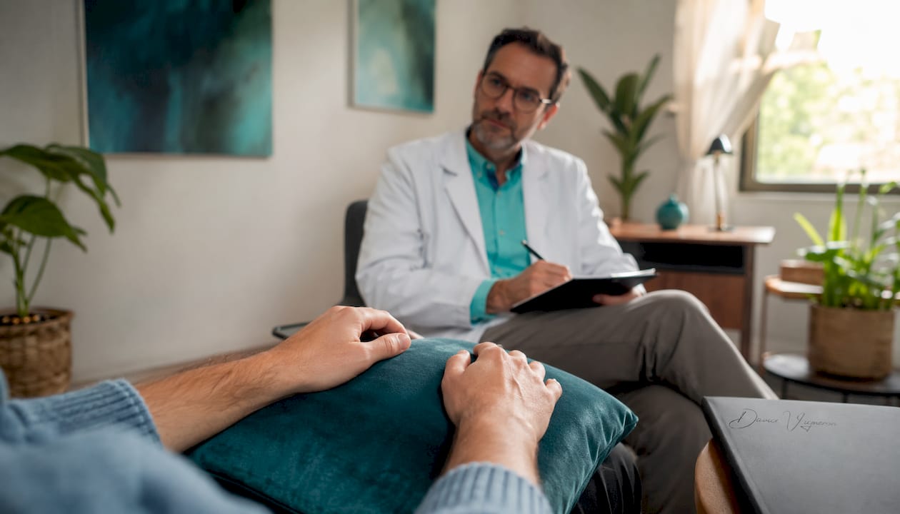 Les mains d’un patient plongé dans un état d’hypnose, tout à sa concentration.