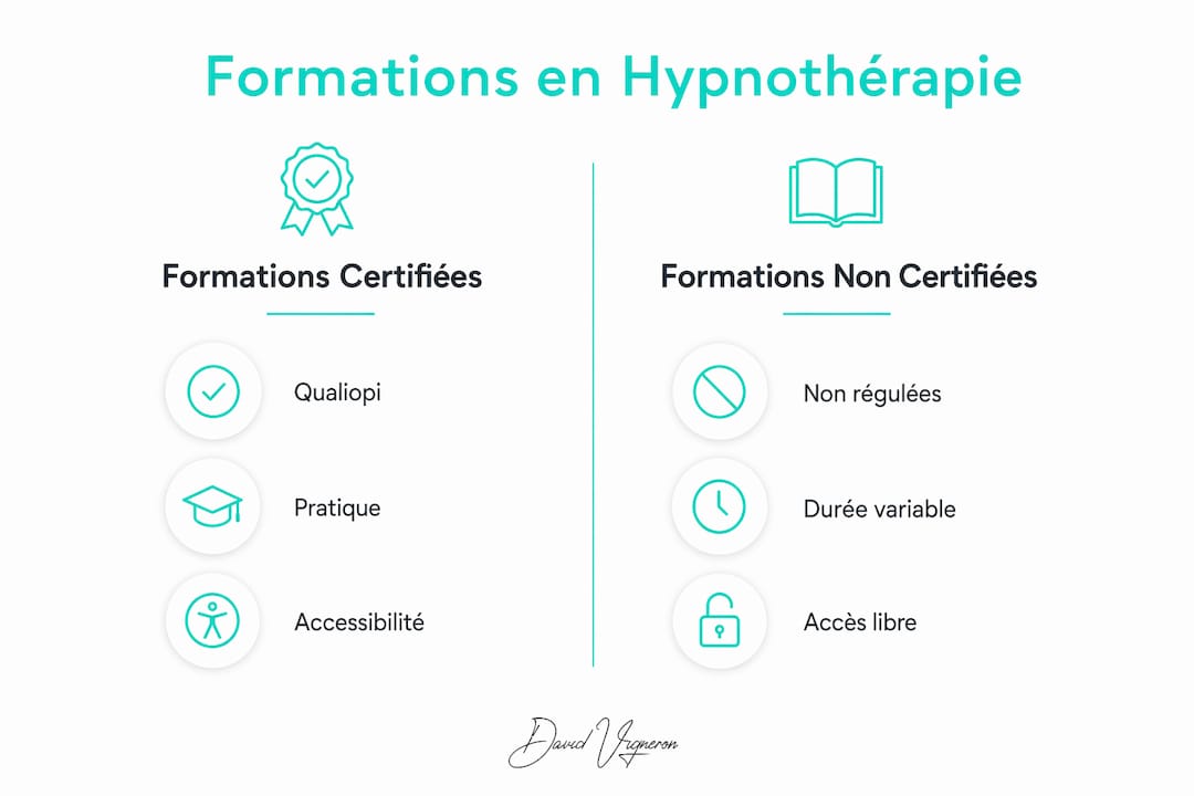 Infographie : les différences entre une formation en hypnothérapie certifiée et non certifiée