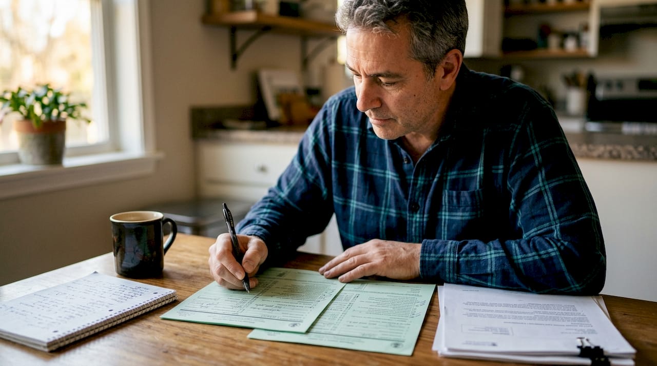 Overhead view of hands reviewing green card forms