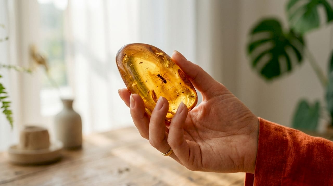 Close-up of Baltic amber with insect inclusion