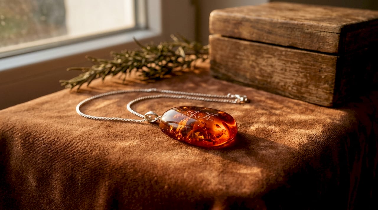 Close-up of engraved amber necklace on linen