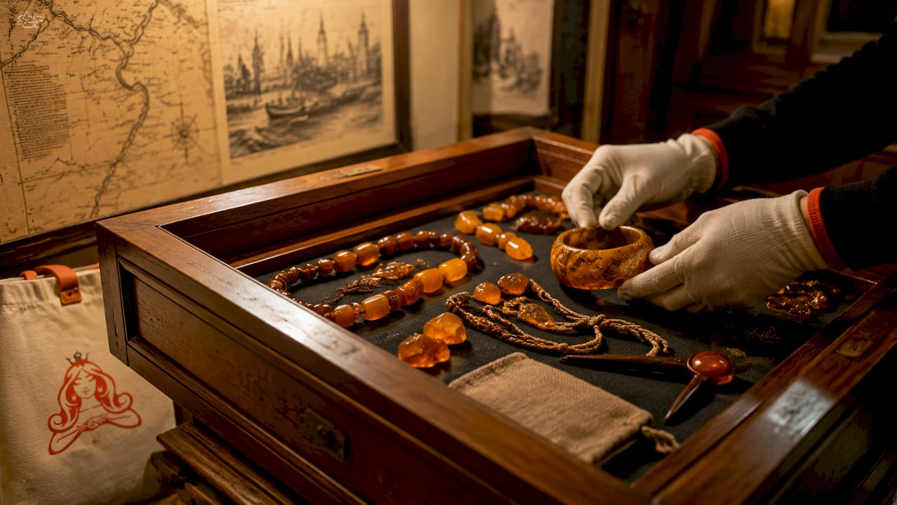 Museum display of ancient amber artifacts